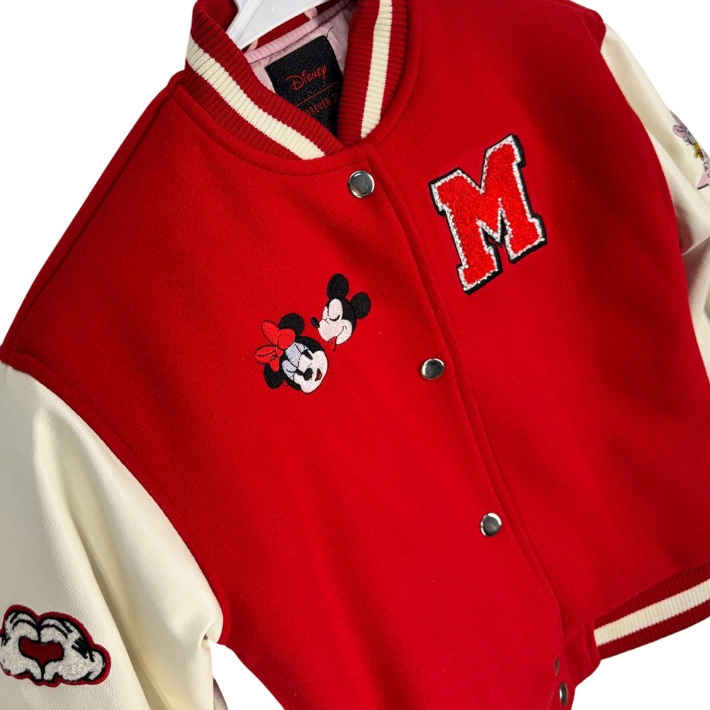 Disney Forever 21 Kids Red Varsity Jacket Mickey Minnie Mouse Letterman 7/8